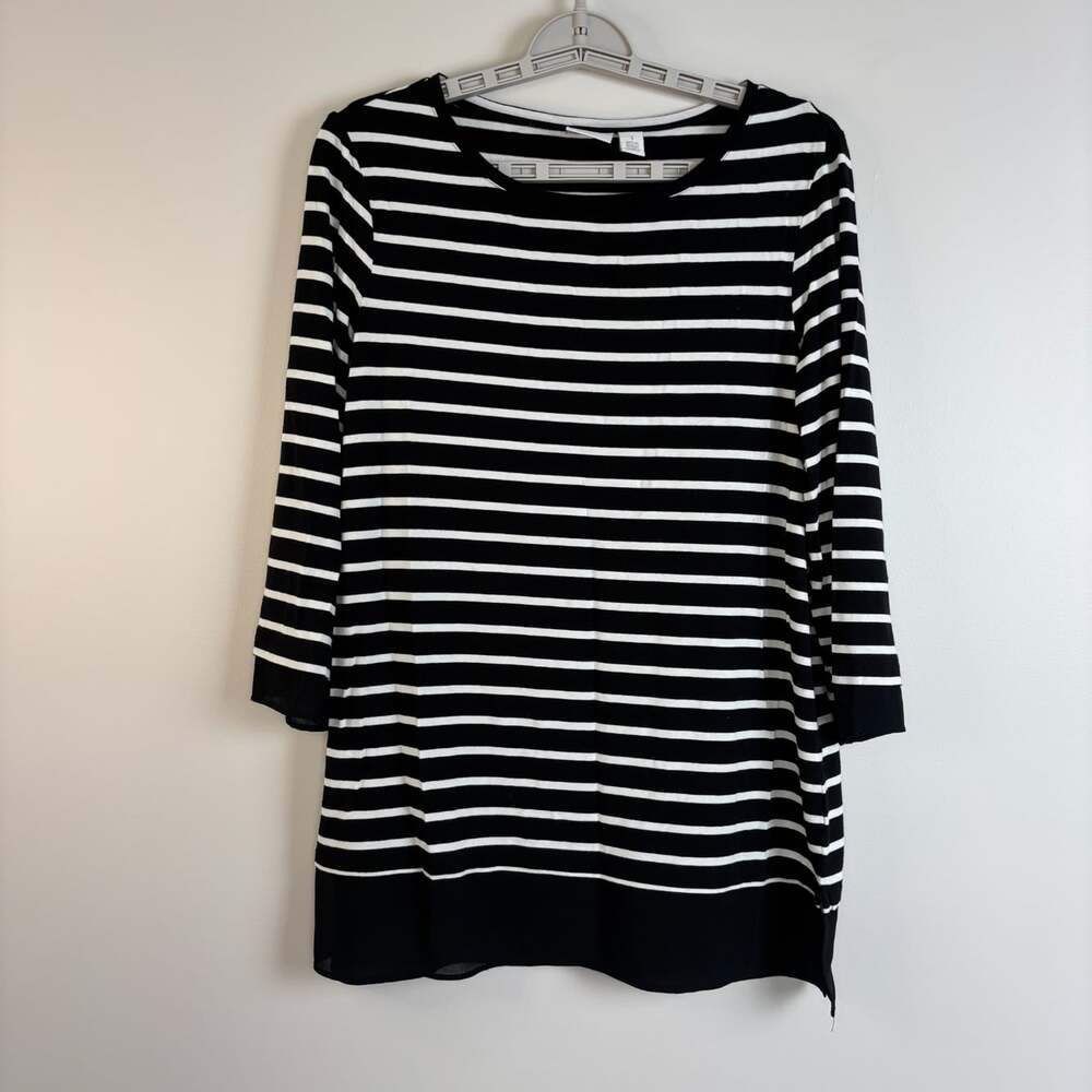 Weekends by Chico's striped tunic long sleeve women M flowy knit sheer ruffle